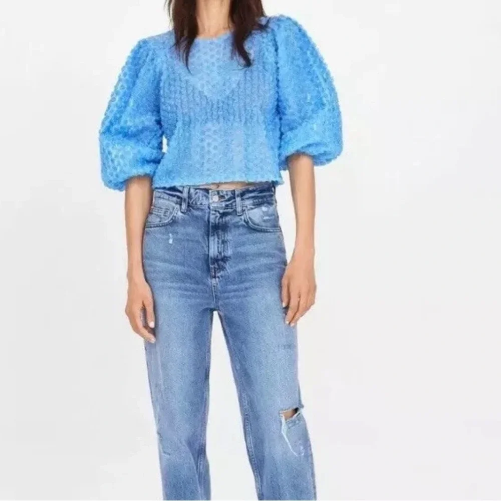ZARA Sky Blue Textured Puff Sleeve Crop Top Cottagecore Romantic Boho Blouse M
